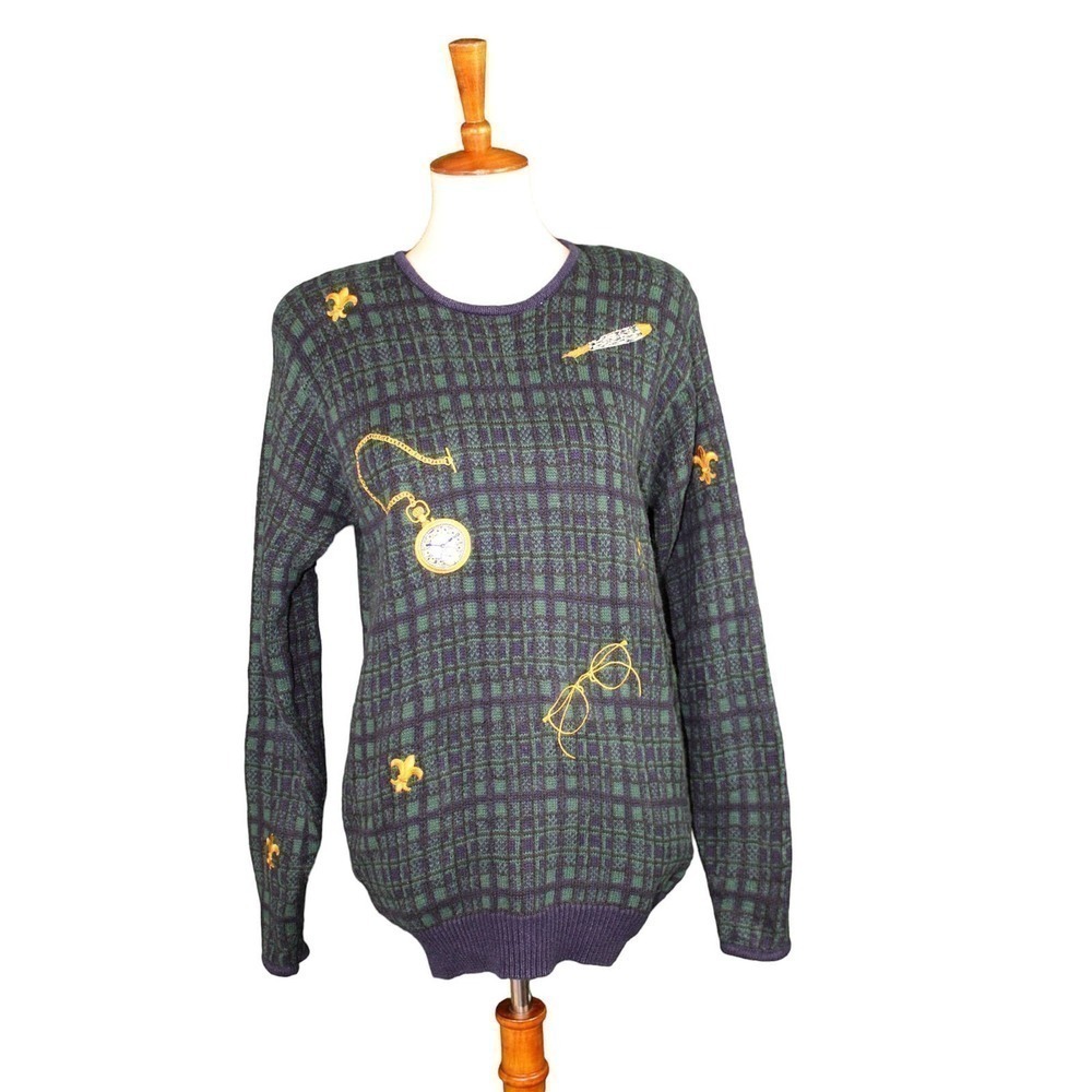 Herman Geist Blue and Green Plaid Sweater Size Small Vintage with Shoulder Pads